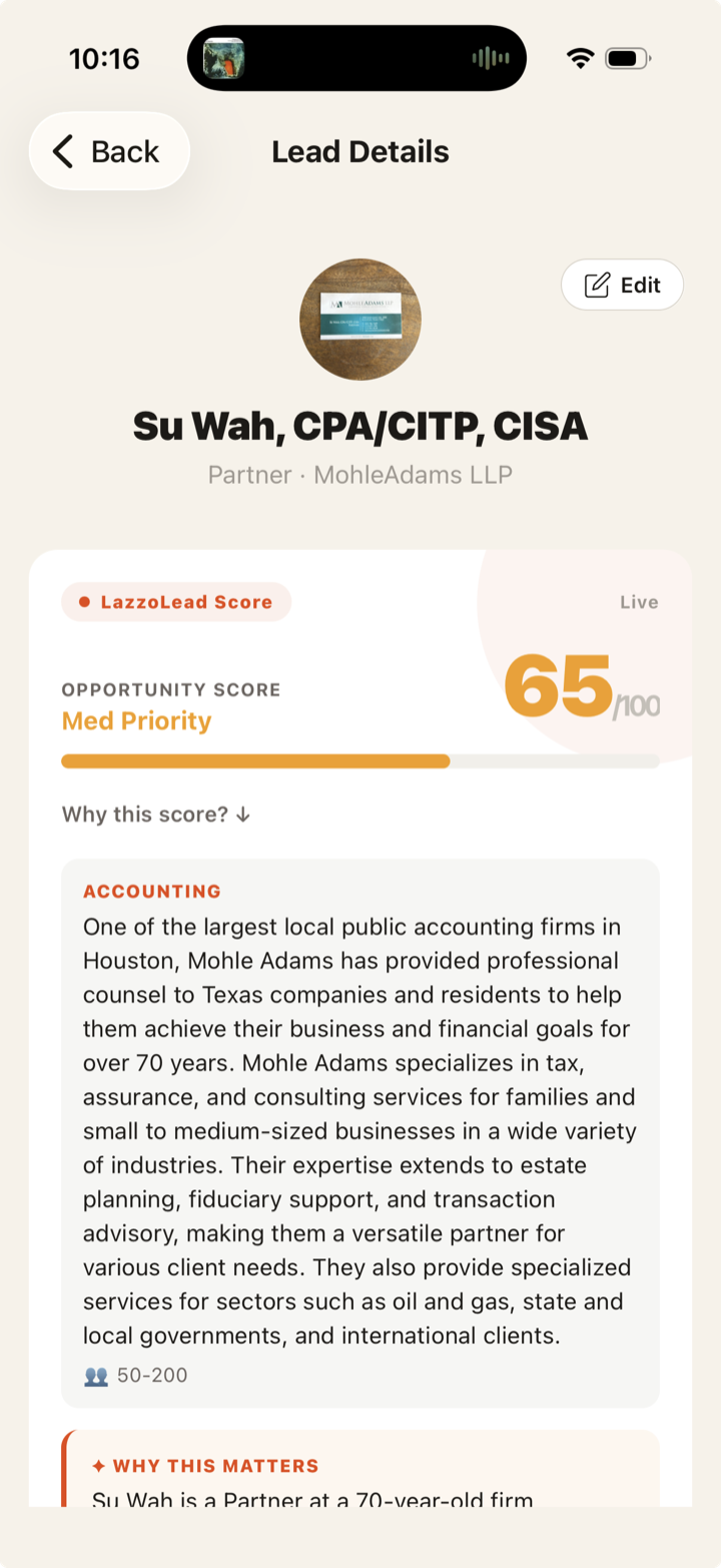 Lead detail with AI opportunity score and company research